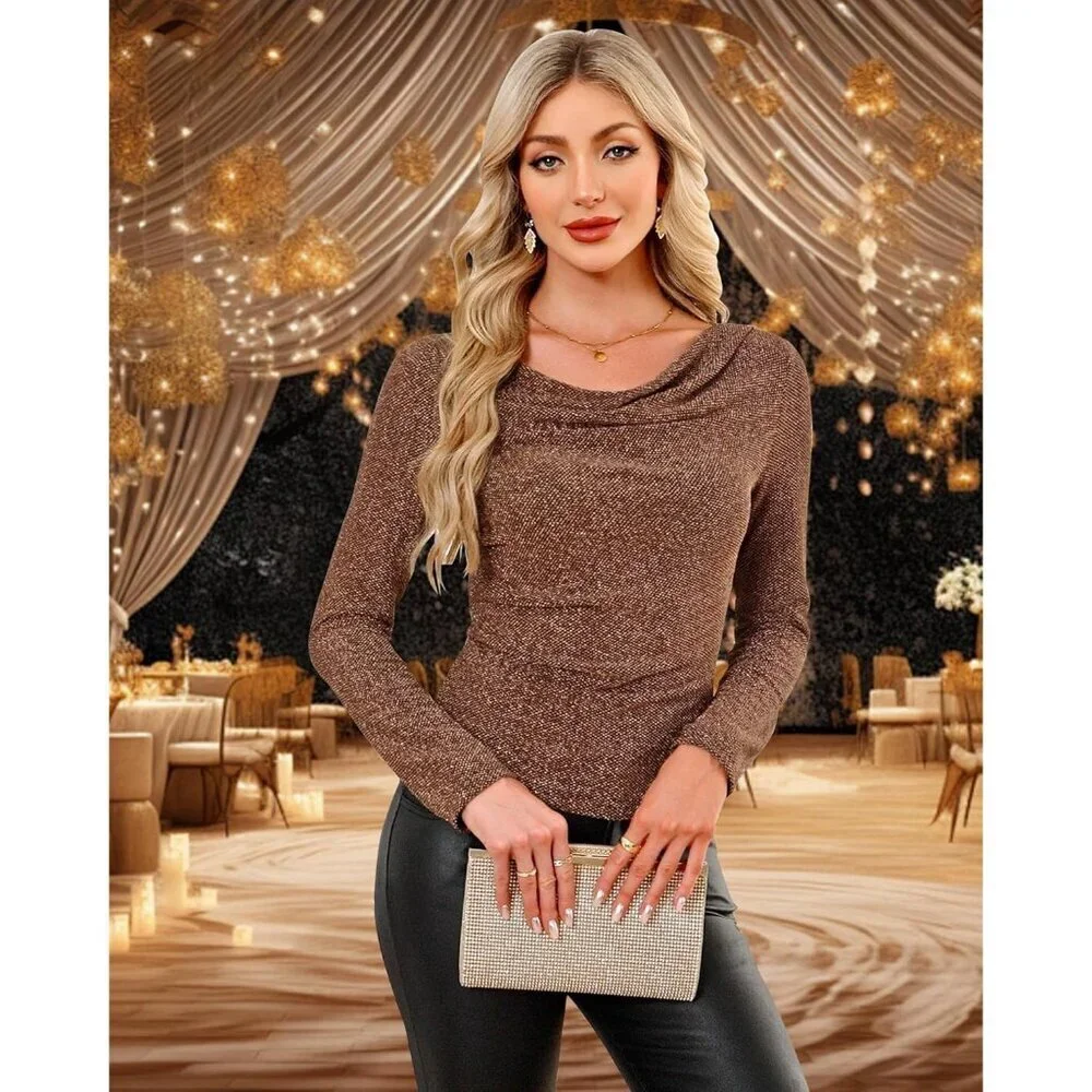 Women's Cowl Neck Long Sleeve Sequin Top Slim Fit Party Blouse - Picture 5 of 7